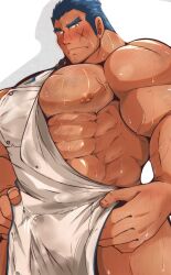 Rule 34 | 1boy, abs, apron, arm hair, bara, bare pectorals, beard stubble, blue hair, blush, chest hair, crave saga, cross scar, dark-skinned male, dark blue hair, dark skin, facial hair, facial scar, forked eyebrows, giganto (crave saga), hands on own hips, highres, kaeru333938123, large pectorals, leg hair, looking at viewer, male focus, mature male, muscular, muscular male, naked apron, nipples, pectorals, scar, scar on cheek, scar on face, short hair, simple background, solo, stubble, sweat, thighs, veins, veiny arms, very sweaty