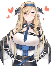 Rule 34 | 1girl, arknights, arm strap, blonde hair, blue eyes, blue hairband, blue necktie, breasts, commentary request, ekuesu, hairband, hands on own hips, heart, highres, horns, large breasts, long hair, looking at viewer, necktie, pointy ears, saileach (arknights), shirt, smile, solo, upper body, very long hair, white shirt