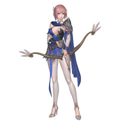 Rule 34 | 1girl, armor, arrow (projectile), blue cape, blue dress, bow (weapon), breasts, brooch, cape, detached sleeves, dress, full body, high heels, highres, holding, holding arrow, holding bow (weapon), holding weapon, jewelry, karmiel, long sleeves, looking at viewer, medium breasts, original, pants, parted lips, pauldrons, pink hair, short dress, shoulder armor, simple background, single pauldron, solo, weapon, white background, white pants