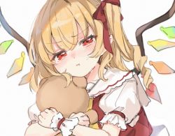 Rule 34 | 1girl, ascot, blonde hair, blush, collarbone, collared shirt, crying, crystal, flandre scarlet, hair ribbon, highres, looking at viewer, hugging object, one side up, paragasu (parags112), pout, puffy short sleeves, puffy sleeves, red eyes, red ribbon, red vest, ribbon, shirt, short sleeves, solo, stuffed animal, stuffed toy, tears, teddy bear, touhou, upper body, vest, white background, white shirt, wings, wrist cuffs, yellow ascot