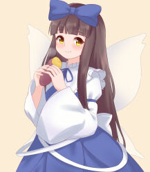 Rule 34 | 1girl, :t, blue bow, blue dress, blue ribbon, blunt bangs, blush, bow, brown background, brown hair, closed mouth, commentary request, cowboy shot, dress, eating, food, frilled shirt collar, frills, hair bow, hands up, highres, holding, holding food, light smile, long hair, looking at viewer, neck ribbon, p.w., ribbon, sidelocks, simple background, solo, star sapphire, sweet potato, touhou, very long hair, wide sleeves, yellow eyes
