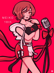 Rule 34 | 1girl, absurdres, birthday, breasts, brown eyes, brown hair, character name, cleavage, crop top, duckdachi, highres, looking at viewer, medium breasts, meiko (vocaloid), microphone stand, piapro, red background, short hair, smile, vocaloid