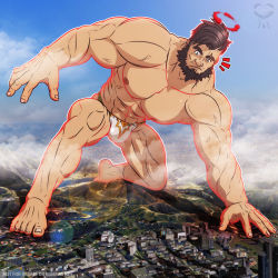 Rule 34 | 1boy, abs, artist logo, artist name, bara, barefoot, beard, biceps, black hair, bulge, city, cloud, cloudy sky, duran (gyee), facial hair, giant, gyee, kneeling, large pectorals, leomon32, looking at viewer, male focus, male swimwear, manly, mature male, mountain, muscular, muscular male, nipples, outdoors, pectorals, scar, signature, sky, smile, solo, spiked hair, sunlight, swim briefs, swimsuit, thick arms, thick eyebrows, thick thighs, thighs, veins, watermark, wet, wet clothes, white male swimwear, white swim briefs