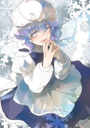 Rule 34 | 1girl, bloomers, blue dress, blue eyes, blue hair, bow, breath, cold, cowboy shot, curly hair, dress, dutch angle, fingers together, hair between eyes, hands up, hat, highres, juliet sleeves, kerok (joniko1110), letty whiterock, long sleeves, looking to the side, looking up, mob cap, open mouth, puffy sleeves, sash, shirt, short hair, snowflakes, solo, steepled fingers, teeth, touhou, triangular headpiece, turtleneck, underwear, white bow, white hat, white shirt, winter clothes