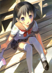 Rule 34 | 1girl, :d, absurdres, black eyes, black hair, blush, bow, foreshortening, from above, highres, loafers, long hair, looking up, non-web source, open mouth, original, plaid, plaid skirt, pleated skirt, scan, school uniform, serafuku, shoes, sitting, skirt, smile, solo, takoyaki (roast), thighhighs, white thighhighs, zettai ryouiki