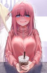 Rule 34 | 2girls, @ @, absurdres, blue eyes, blush, bocchi the rock!, breasts, check translation, commentary request, cube hair ornament, cup, disposable cup, drinking straw, flying sweatdrops, giving, gotoh hitori, hair between eyes, hair ornament, highres, holding, holding cup, ijichi nijika, incoming drink, jacket, large breasts, long hair, long sleeves, looking at viewer, multiple girls, nervous smile, open mouth, pink hair, pink jacket, sidelocks, smile, straight-on, sweatdrop, track jacket, translation request, twitter username, upper body, yayoi maka