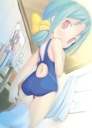 Rule 34 | 1girl, ass, blue hair, blush, bow, female focus, from behind, hair bow, highres, looking back, one-piece swimsuit, original, pink eyes, ponytail, pop (electromagneticwave), solo, swimsuit, yellow bow