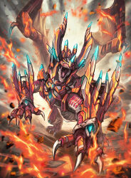 absurdres claws creature dragon dragon_horns dragon_wings fantasy fire highres horns mecha monster monster_focus no_humans original robot robuja sharp_teeth teeth western_dragon wings