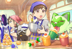 Rule 34 | 2boys, :o, apron, arven (pokemon), berry, brown eyes, brown hair, ceiling, commentary request, creatures (company), cupcake, florian (pokemon), food, food on face, game freak, grey shirt, head scarf, highres, indoors, mabosstiff, male focus, miraidon, mixing bowl, multiple boys, nijuuni (njn 22), nintendo, open mouth, plate, pokemon, pokemon (creature), pokemon sv, purple headwear, shirt, short hair, short sleeves, sprigatito, teeth, tongue, upper teeth only, whisk