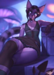 Rule 34 | 1girl, animal ears, black hair, blue eyes, blue sclera, blurry, blurry background, blurry foreground, bracer, brown choker, brown skirt, brown thighhighs, cat ears, cat tail, choker, closed mouth, colored sclera, colored skin, crossed legs, depth of field, earrings, flat chest, furry, furry female, green vest, head tilt, highres, jewelry, laurie (personal ami), leaning back, long eyebrows, long pointy ears, looking at viewer, miniskirt, notched ear, original, personal ami, pointy ears, purple fur, purple skin, seductive smile, short hair, sidelocks, signature, sitting, skirt, smile, smug, solo, tail, thighhighs, vest
