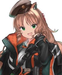 Rule 34 | 1girl, :d, absurdres, animal ears, arknights, beret, black hat, black jacket, commentary request, drill hair, earpiece, fang, female focus, green eyes, hand up, hat, highres, jacket, jewelry, looking at viewer, open clothes, open jacket, open mouth, orange hair, pinky ring, ring, shirt, simple background, smile, solo, swire (arknights), tiger ears, tori (luce6), twin drills, upper body, white background, white shirt
