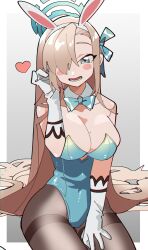 Rule 34 | 1girl, absurdres, animal ears, asuna (blue archive), asuna (bunny) (blue archive), bare shoulders, blue archive, blue bow, blue eyes, blue leotard, blush, bow, bowtie, breasts, brown hair, cleavage, detached collar, fake animal ears, gloves, hair over one eye, hair ribbon, halo, heart, highres, large breasts, leotard, light brown hair, long hair, looking at viewer, mole, mole on breast, official alternate costume, open mouth, pantyhose, playboy bunny, rabbit ears, ribbon, simple background, sitting, solo, strapless, strapless leotard, thighband pantyhose, uotsu (sabakou), very long hair, white gloves