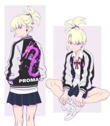 Rule 34 | 1boy, alternate costume, black skirt, blonde hair, collared shirt, copyright name, crossdressing, dragon, earrings, eastern dragon, from behind, hair ornament, hairclip, high ponytail, jacket, jewelry, lio fotia, looking at viewer, looking back, male focus, multiple views, official alternate hairstyle, pleated skirt, promare, purple eyes, red ribbon, ribbon, shirt, shoes, short hair, sidelocks, sitting, skirt, smile, sneakers, sukajan, swept bangs, trap, triangle earrings, white background, white footwear, white shirt, yon prmr