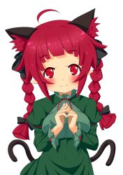 Rule 34 | 1girl, :3, absurdres, animal ears, bow, braid, cat ears, cat tail, dress, extra ears, highres, himenomikan, kaenbyou rin, multiple tails, nekomata, pointy ears, red eyes, red hair, solo, tail, touhou, twin braids