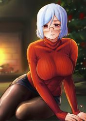 Rule 34 | 1girl, black skirt, breasts, brown pantyhose, christmas, christmas tree, commentary request, covered erect nipples, curvy, finalcake, glasses, highres, indoors, large breasts, legs together, looking at viewer, miniskirt, on ground, original, pantyhose, pencil skirt, red eyes, red sweater, ribbed sweater, rimless eyewear, short hair, sitting, skirt, sleeves past wrists, solo, sweater, turtleneck, turtleneck sweater, white hair