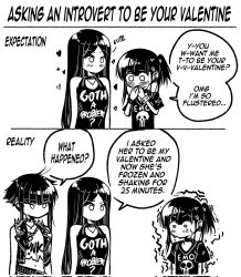 Rule 34 | 3girls, black hair, bracelet, comic, commentary, corrupted twitter file, crop top, ear piercing, emo-girl (grs-), english commentary, english text, goth-girl (grs-), goth fashion, grs-, highres, jewelry, long hair, medium hair, multiple girls, navel, original, piercing, punk-girl (grs-), short hair, short ponytail, sleeveless, spiked bracelet, spiked jacket, spikes, valentine, yuri