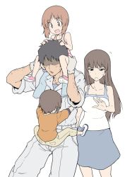 Rule 34 | 10s, 1boy, 3girls, arm hair, black hair, brown eyes, brown hair, capri pants, carrying, casual, faceless, faceless male, family, father and daughter, girls und panzer, gloves, halcon, hand up, happy, highres, hug, husband and wife, jumpsuit, long hair, mother and daughter, multiple girls, nishizumi maho, nishizumi miho, nishizumi shiho, nishizumi tsuneo, no eyes, pants, short hair, shoulder carry, siblings, simple background, sisters, skirt, sleeves rolled up, smile, surprised, sweatdrop, tan, tank top, towel, waist hug, white background, white gloves, unfinished, aged down