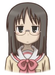 Rule 34 | 1girl, black hair, expressionless, glasses, long hair, minakami mai, mugen ouka, nichijou, official style, school uniform, simple background, solo, tokisadame school uniform, white background