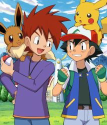 Rule 34 | 2boys, :p, akanbe, ash ketchum, black hair, brown hair, clenched hands, clenched teeth, creatures (company), eevee, eye contact, eyelid pull, fingerless gloves, game freak, gary oak, gen 1 pokemon, gloves, hand on own hip, hat, jewelry, looking at another, male focus, masaro town, multiple boys, necklace, nintendo, on head, open mouth, parted lips, pikachu, poke ball, poke ball (basic), pokemoa, pokemon, pokemon (anime), pokemon (classic anime), pokemon (creature), pokemon on head, rivals, standing, teeth, tongue, tongue out, uneven eyes, windmill