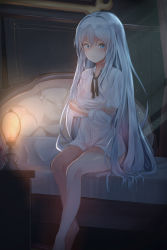 Rule 34 | 1girl, absurdres, bad id, bad pixiv id, bare legs, barefoot, bed, bedroom, blue eyes, blue hair, blush, bow, bowtie, breasts, closed mouth, crossed arms, crossed legs, expressionless, full body, hair between eyes, highres, indoors, lamp, long hair, long sleeves, looking at viewer, medium breasts, original, see-through, septet (zrca janne), shirt, sitting, solo, straight hair, twintails, underwear, very long hair, white shirt