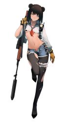 Rule 34 | 1girl, animal ears, arknights, arm at side, bear ears, black footwear, black pantyhose, blue eyes, blue sailor collar, breasts, bridal garter, brown hair, closed mouth, commentary request, cropped shirt, cross pasties, cutoffs, cyrillic, denim, denim shorts, dragunov svd, eyyy, full body, gloves, gun, highres, holding, holding gun, holding weapon, long hair, long sleeves, looking at viewer, navel, neckerchief, no bra, open fly, pantyhose, pasties, red neckerchief, rifle, sailor collar, short shorts, shorts, simple background, small breasts, sniper rifle, solo, standing, standing on one leg, torn clothes, torn pantyhose, underboob, weapon, white background, yellow gloves, zima (arknights)