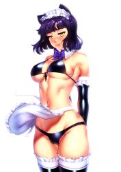 Rule 34 | 1girl, animal ears, apron, bikini, black bikini, black hair, blake belladonna, blush, breasts, cameltoe, cat ears, cat girl, cleavage, cleft of venus, detached sleeves, highres, large breasts, lips, maid, maid apron, maid headdress, navel, phloxberry, rwby, short hair, solo, stomach, swimsuit, thighhighs, thighs, toned, white background, yellow eyes