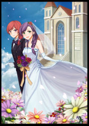 Rule 34 | 2girls, absurdres, bare shoulders, blue sky, blush, bouquet, bow, bowtie, braid, bridal veil, bride, cherry blossoms, church, cloud, couple, crossdressing, dress, elbow gloves, flower, formal, gloves, green eyes, hair flower, hair ornament, hair over shoulder, highres, long hair, love live!, love live! school idol project, masa6i5ma, multiple girls, nishikino maki, purple eyes, purple hair, red hair, side braid, sky, smile, standing, suit, tojo nozomi, veil, wedding, wedding dress, white gloves, wife and wife, yuri
