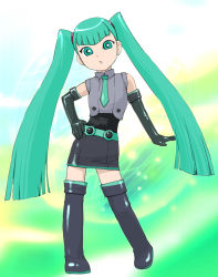 Rule 34 | 1girl, bare shoulders, black thighhighs, boots, breasts, cosplay, detached sleeves, dress, drossel von flugel, fireball (series), full body, fusion, green eyes, green hair, hair ornament, hand on own hip, hatsune miku, hatsune miku (cosplay), long hair, looking at viewer, necktie, open mouth, skirt, sleeveless, solo, standing, thigh boots, thighhighs, twintails, ueyama michirou, vocaloid