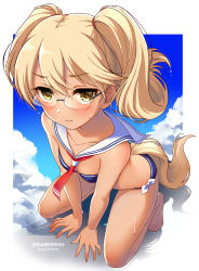 Rule 34 | 10s, 1girl, arm support, bad id, bad pixiv id, barefoot, bikini, blonde hair, blue bikini, blush, breasts, closed mouth, cloud, copyright name, dark-skinned female, dark skin, day, detached collar, dog tail, english text, eyebrows, folded twintails, from above, full body, glasses, hair between eyes, kneeling, neckerchief, outside border, retoree (show by rock!!), rimless eyewear, sailor collar, show by rock!!, silhouette, sky, small breasts, solo, swimsuit, tail, tsukada nari, twintails, wet, yellow eyes