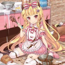 Rule 34 | 1girl, 3:, apron, arm strap, bag, bell, blonde hair, blush, bow, bowl, braid, chocolate, chocolate making, chocolate on body, chocolate on face, chocolate on foot, chocolate on legs, cream, dirty, dirty clothes, dress, egg, food, food on body, food on face, hair bow, hair over shoulder, horns, jingle bell, kidatsu! dungeons lord, kitchen, kyoma (yellowxcake), long hair, messy room, mixing bowl, original, pink dress, red eyes, shopping bag, sitting, solo, spilling, tears, thigh beads, thighhighs, twin braids, valentine, very long hair, waist apron, wariza, wavy mouth, whisk, white thighhighs, zettai ryouiki