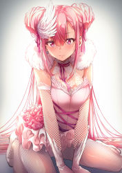 Rule 34 | 1girl, bad id, bad pixiv id, ballerina, ballet slippers, bare shoulders, blush, breasts, closed mouth, double bun, earrings, elbow gloves, fishnets, fur trim, gloves, hair between eyes, hair bun, hair ornament, hair ribbon, highres, jewelry, lace, lace-trimmed gloves, lace trim, leotard, long hair, looking at viewer, medium breasts, mole, mole under eye, neck ribbon, original, pantyhose, pink hair, pink leotard, pink ribbon, purple eyes, redlammy, ribbon, sidelocks, simple background, sitting, solo, tutu, very long hair, wariza, white footwear, white pantyhose