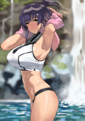 Rule 34 | 1girl, armpit crease, armpits, blurry, blurry background, blush, character request, copyright request, drying, drying hair, eyebrows hidden by hair, facing to the side, green eyes, hair ornament, hairpin, highres, holding, holding towel, looking at viewer, medium hair, minibar34532844, navel, necktie, purple hair, short ponytail, solo, sports bra, sports panties, sportswear, stomach, sweat, toned, towel, water, waterfall