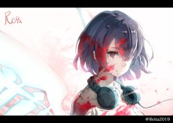 Rule 34 | 1girl, alice (sinoalice), black hair, blood, blood on clothes, blood on face, brown shirt, closed mouth, collared shirt, commentary request, dress shirt, glowing, glowing wings, hair between eyes, headphones, headphones around neck, highres, hoshizaki reita, letterboxed, looking at viewer, red eyes, shirt, signature, sinoalice, smile, solo, twitter username, upper body, wings