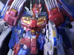 Rule 34 | alt text, artist name, autobot, blue eyes, commentary, english commentary, highres, kneeling, looking to the side, mecha, mechanical wings, no humans, robot, science fiction, solo, star saber (transformers), theo aud, transformers, transformers victory, watermark, wings