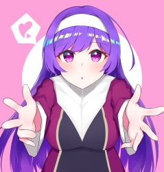Rule 34 | 1girl, absurdres, blush, commission, hairband, heart, highres, long hair, long sleeves, looking at viewer, meuneyu, orie ballardiae harada, outstretched arms, pink background, pink eyes, purple hair, simple background, solo, under night in-birth, upper body, white hairband