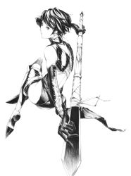 Rule 34 | boots, from behind, full body, gloves, greyscale, looking back, monochrome, polearm, short hair, solo, sousou (sousouworks), spear, weapon