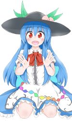Rule 34 | 1girl, :d, blue hair, blush, bow, dress, food, food on head, fruit, fruit on head, happy, hat, highres, hinanawi tenshi, king (ougon kingyo-bachi), layered dress, long hair, looking at viewer, object on head, open mouth, palms, peach, red eyes, seiza, sitting, smile, solo, touhou, very long hair