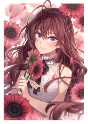Rule 34 | 1girl, :3, ahoge, artist name, bare shoulders, black ribbon, blue eyes, blurry, blurry foreground, blush, braid, breasts, brown hair, closed mouth, collarbone, dress, falling petals, floral background, flower, hagiwara rin, hair between eyes, holding, holding flower, ichinose shiki, idolmaster, idolmaster cinderella girls, idolmaster cinderella girls starlight stage, jewelry, lace, lace-trimmed dress, lace trim, long hair, looking at viewer, medium breasts, neck ribbon, necklace, petals, red flower, ribbon, smile, solo, sunflower, wavy hair, white dress
