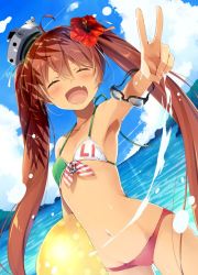 Rule 34 | 10s, 1girl, :d, ahoge, armpits, ball, beachball, bikini, blush, brown hair, closed eyes, commentary request, dark-skinned female, dark skin, day, fang, flat chest, flower, hair flower, hair ornament, hibiscus, kantai collection, libeccio (kancolle), long hair, natsume eri, navel, open mouth, smile, solo, swimsuit, twintails, v, very long hair