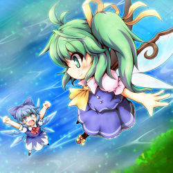 Rule 34 | 2girls, arms up, ascot, blue dress, blue eyes, blue hair, blue sky, bow, cirno, daiyousei, dress, fairy wings, female focus, flying, green eyes, green hair, hair bow, hair ribbon, highres, ice, ice wings, multiple girls, open mouth, puffy sleeves, ribbon, shirt, short sleeves, side ponytail, skirt, skirt set, sky, smile, sore (whirlwind), touhou, vest, water, wings