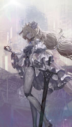 Rule 34 | 1girl, absurdres, blonde hair, bug, butterfly, character request, copyright request, dress, flower, from side, hair flower, hair ornament, highres, hinayuri, holding, holding sword, holding weapon, insect, long hair, low-tied long hair, mechanical legs, puffy sleeves, solo, standing, sword, weapon, white butterfly, white dress, white fur, wide sleeves