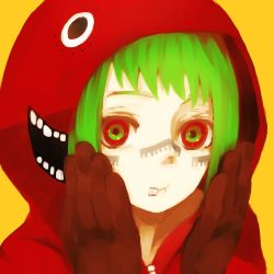 Rule 34 | 1girl, bad id, bad pixiv id, green hair, gumi, hood, hoodie, lemontea, matryoshka (vocaloid), multicolored eyes, simple background, solo, vocaloid, yellow background, zipper