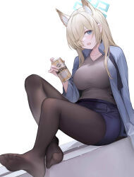 Rule 34 | 1girl, absurdres, animal ear fluff, animal ears, asymmetrical bangs, black pantyhose, blonde hair, blue archive, blue eyes, blue shirt, breasts, can, collarbone, crossed legs, dog ears, extra ears, feet, hair over one eye, highres, holding, holding can, kanna (blue archive), large breasts, legs, long hair, looking at viewer, nagata gata, no shoes, notched ear, open clothes, open mouth, open shirt, pantyhose, shirt, sidelocks, simple background, soles, solo, teeth, toes, upper teeth only, white background