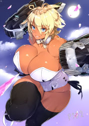 Rule 34 | 1girl, 23 (real xxiii), bare shoulders, black ribbon, black thighhighs, blonde hair, blue eyes, bouncing breasts, bow, bowtie, breasts, cleavage, cloud, collarbone, covered erect nipples, curvy, dark-skinned female, dark skin, detached collar, full moon, gauntlets, highres, huge breasts, jewelry, large breasts, leotard, light smile, lips, moon, motion lines, original, phantasy star, phantasy star online 2, playboy bunny, ribbon, sela (23), short hair, solo, striped bow, striped bowtie, striped clothes, striped neckwear, text focus, thick thighs, thighhighs, thighs, toned, wide hips