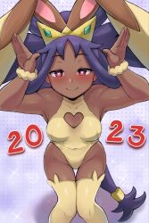 Rule 34 | 1girl, 2023, absurdres, animal ears, armpits, artsheops, bare shoulders, big hair, blush, breasts, chinese zodiac, cleavage cutout, closed mouth, clothing cutout, cosplay, cowboy shot, creatures (company), dark-skinned female, dark skin, dated, fake animal ears, game freak, gen 4 pokemon, gradient background, heart, heart-shaped pupils, highres, iris (pokemon), leotard, long hair, looking at viewer, lopunny, lopunny (cosplay), medium breasts, nintendo, pokemon, pokemon bw2, polka dot, polka dot background, purple background, purple hair, rabbit ears, rabbit pose, red eyes, scrunchie, sleeveless, smile, solo, sparkle background, standing, symbol-shaped pupils, thigh gap, thighhighs, very long hair, wrist scrunchie, year of the rabbit, yellow leotard, yellow thighhighs