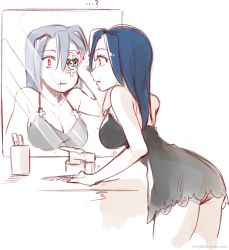 Rule 34 | 1girl, bathroom, blue hair, breasts, child&#039;s drawing, eyepatch, female focus, large breasts, long hair, looking at mirror, mirror, mirror image, ng (kimjae737), nightgown, red eyes, reflection, scar, skullgirls, solo, spaghetti strap, valentine (skullgirls)