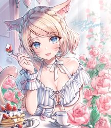 Rule 34 | 1girl, animal ears, warrior of light (ff14), bare shoulders, blonde hair, blue eyes, braid, breasts, cleavage, collarbone, cup, facial mark, final fantasy, final fantasy xiv, flower, food, fork, fruit, hair flower, hair ornament, highres, holding, holding fork, looking at viewer, medium breasts, miqo&#039;te, mirukurim, off shoulder, open mouth, pancake, revision, rose, short hair, smile, solo, strawberry, tail, teacup, upper body