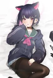 Rule 34 | 1girl, animal ears, bed sheet, black hair, black jacket, black pantyhose, blue archive, blush, cat ears, choker, colored inner hair, feet out of frame, hair ornament, hairclip, halo, highres, hiiragi mikoto, hood, hooded jacket, jacket, kazusa (blue archive), long sleeves, looking at viewer, lying, multicolored hair, neckerchief, on back, open mouth, pantyhose, pink eyes, pink neckerchief, sailor collar, short hair, solo, sweatdrop, thighband pantyhose, v-shaped eyebrows