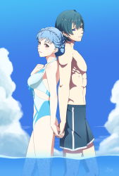 Rule 34 | 1boy, 1girl, blue eyes, blue hair, blue male swimwear, blue one-piece swimsuit, blue swim trunks, braid, breasts, byleth (fire emblem), byleth (male) (fire emblem), closed mouth, couple, cowboy shot, day, fire emblem, fire emblem: three houses, from side, front-tie top, highres, holding hands, interlocked fingers, looking at another, looking at viewer, looking to the side, male swimwear, marianne von edmund, milk (1667865540), multicolored one-piece swimsuit, nintendo, ocean, one-piece swimsuit, partially submerged, partially underwater shot, short hair, simple background, standing, swim trunks, swimsuit, tagme, topless male, underwater, wading, white one-piece swimsuit