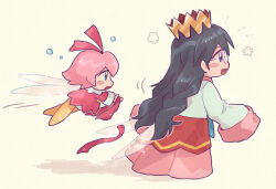 Rule 34 | 2girls, :d, black hair, blue eyes, blush, blush stickers, chiimako, commentary request, crown, dress, fairy, fairy wings, flower (symbol), flying, glasses, hair between eyes, hair down, hair ribbon, holding, holding ribbon, kirby (series), kirby 64, layered skirt, long hair, long sleeves, multiple girls, nintendo, open mouth, pink hair, pink skirt, profile, purple eyes, red dress, red ribbon, red skirt, ribbon, ribbon (kirby), ripple star queen, shirt, short hair, simple background, skirt, sleeve cuffs, sleeves past fingers, sleeves past wrists, smile, very long hair, white shirt, wings, yellow background